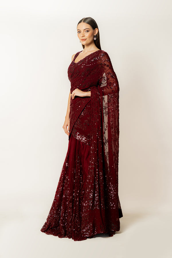 Adha ox blood lehenga sari set