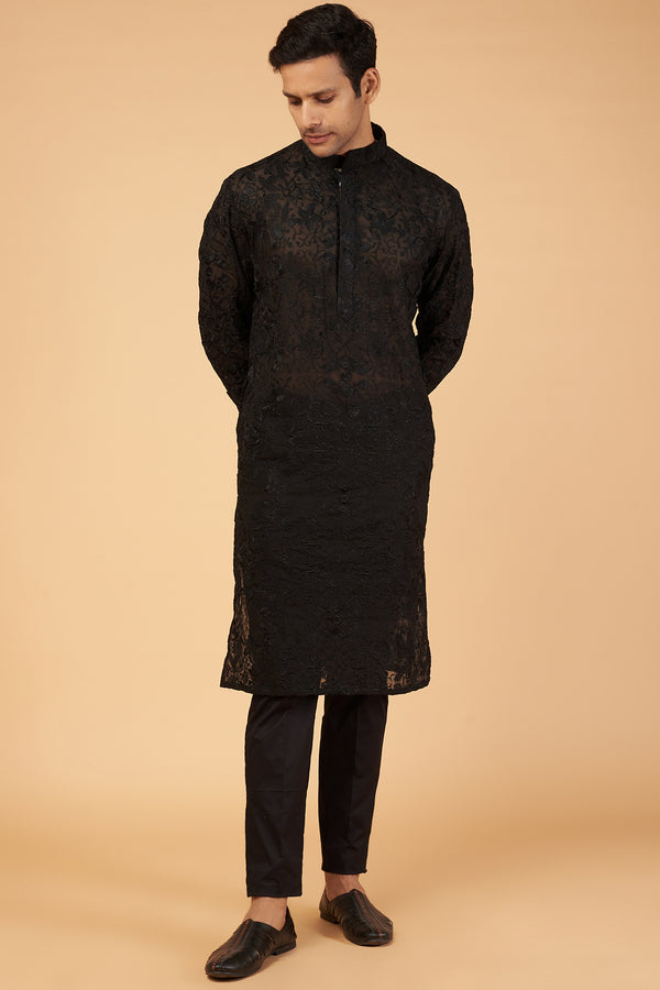 BLACK ON BLACK RESHAM JAAL KURTA SET