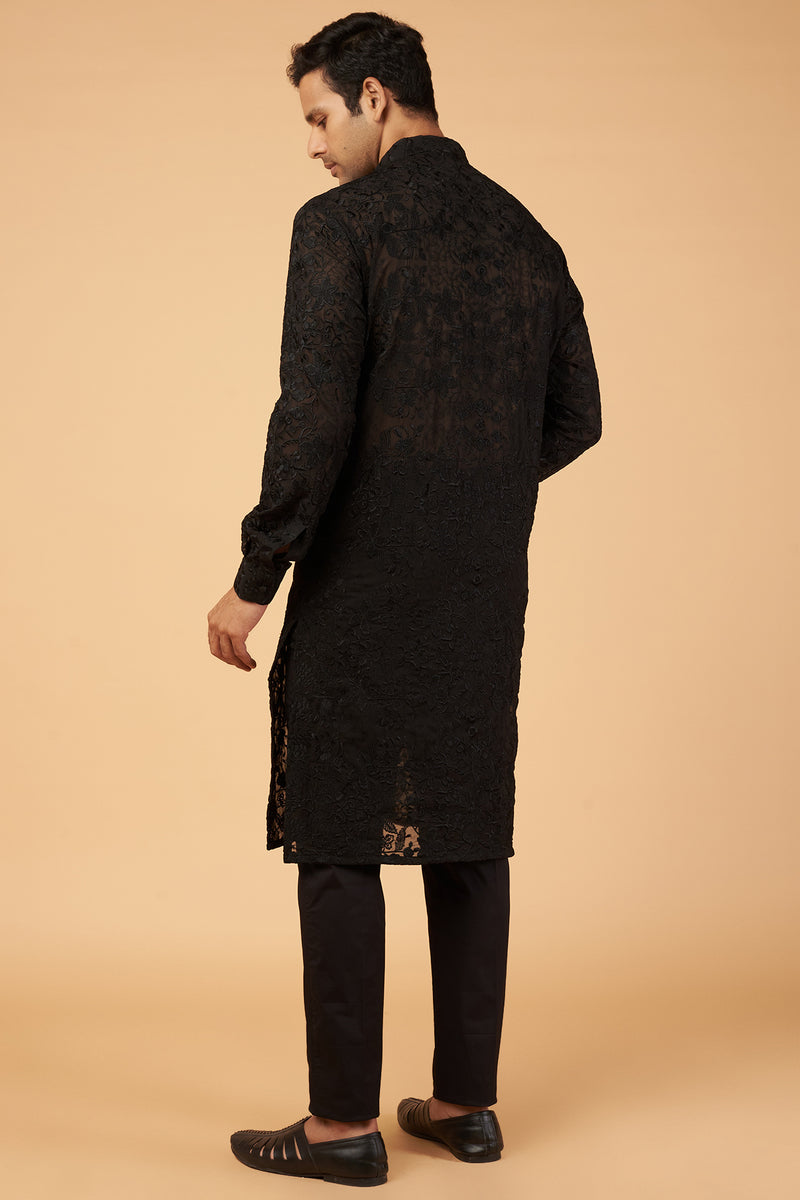 BLACK ON BLACK RESHAM JAAL KURTA SET