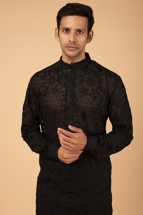 BLACK ON BLACK RESHAM JAAL KURTA SET