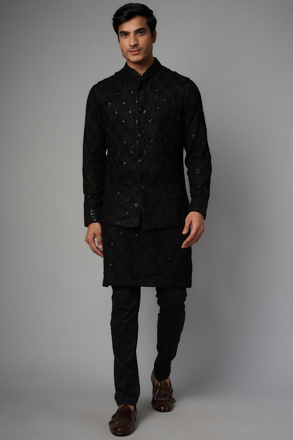 BLACK LEAF GORGETTE CHIKANKARI  DESIGN UNLINED W SEQUIN WORK COLLAR, PATTI, CUFF KURTAW BUNDI W BLK PANT