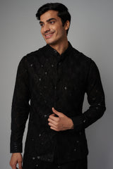 BLACK LEAF GORGETTE CHIKANKARI  DESIGN UNLINED W SEQUIN WORK COLLAR, PATTI, CUFF KURTAW BUNDI W BLK PANT