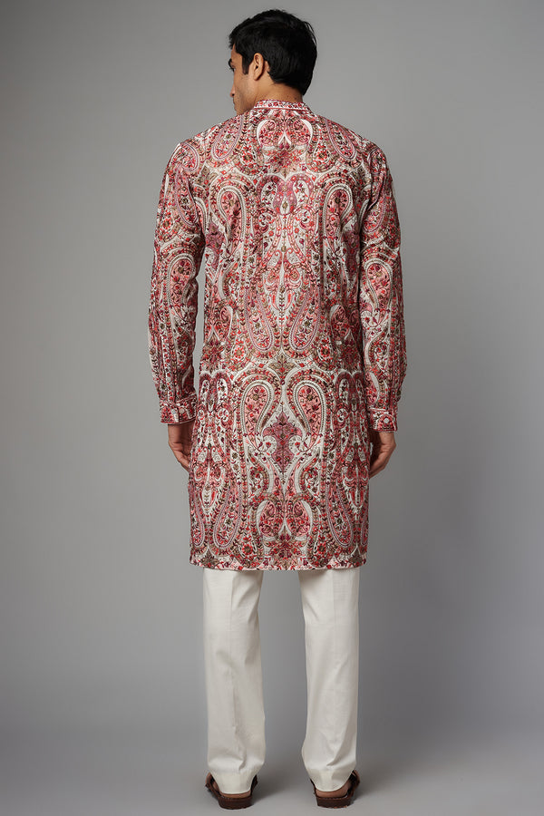 IVORY W RED PAISLEY RESHAM GORGETTE UNLINED KURTA  W PANT