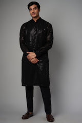 BLACK GORGETTE GRID JAAL UNLINED KURTA  HALF BACK EMBO.  W PANT