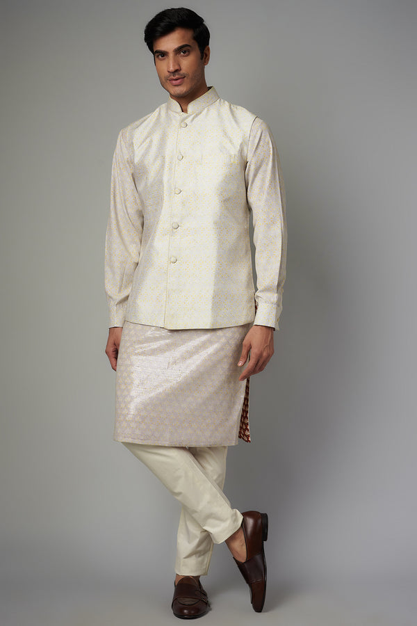 IVORY W YELLOW FRONT 1/2 SHEETING 1/2 CREPE W RED PRINT LINING KURTA W DUPION BUNDI AND PANT SET