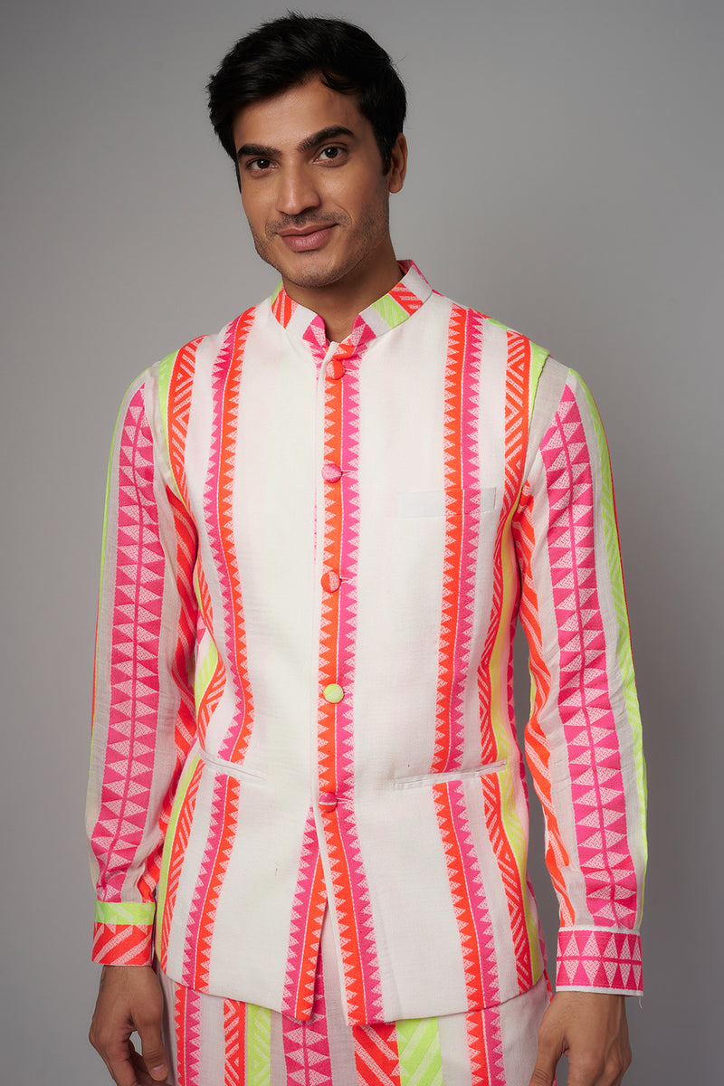 IVORY/RANI  STRIPE PRINT COTTON UNLINED KURTA  W BUNDI W PANT