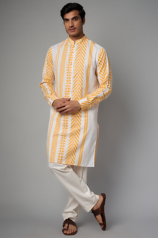 IVORY /YELLOW STRIPE PRINT COTTON UNLINED KURTA W IVORY PANT