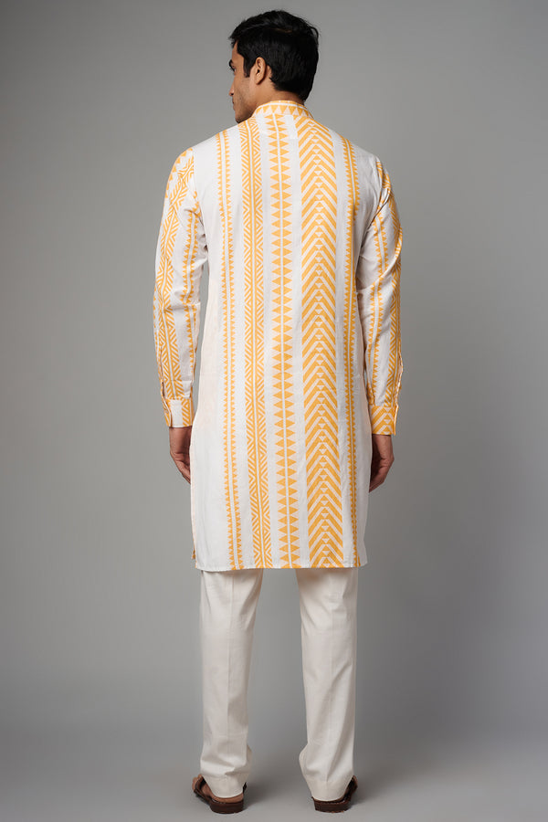 IVORY /YELLOW STRIPE PRINT COTTON UNLINED KURTA W IVORY PANT