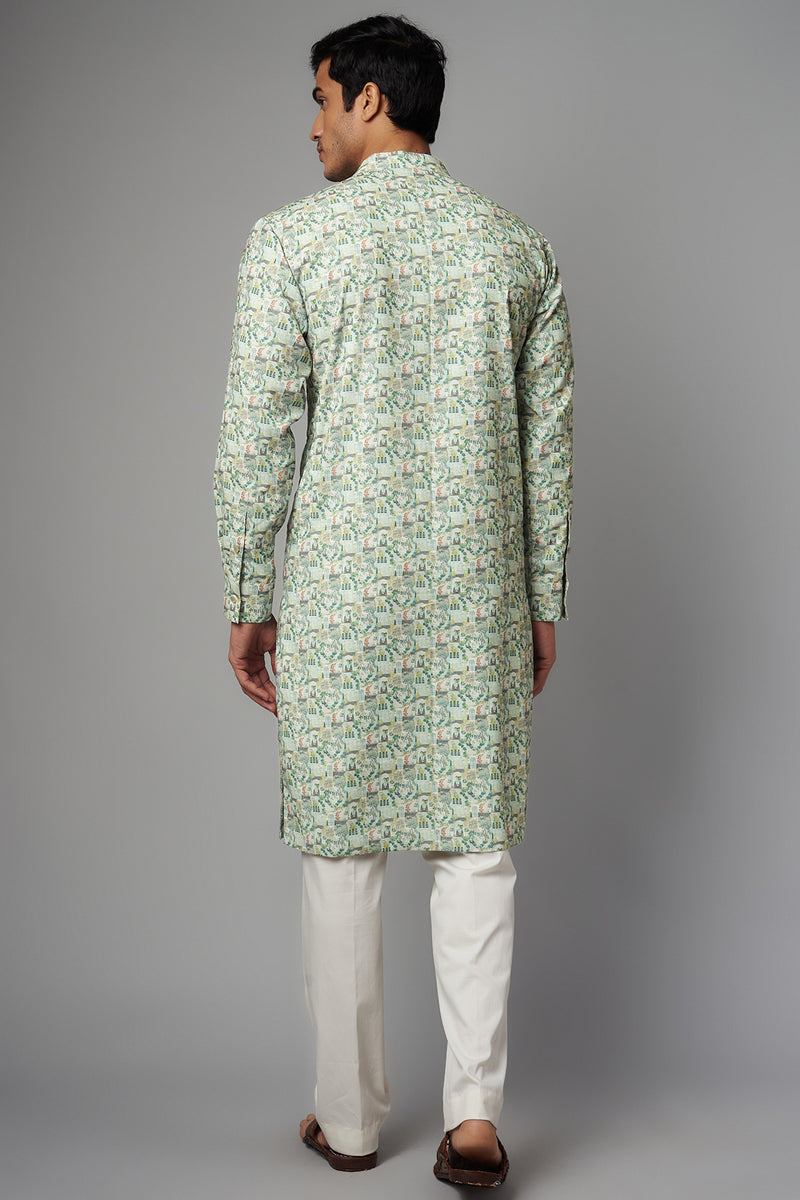 IVORY/GREEN PRINT SHEETING FRONT , CREPE PRINT BACK, SLEEEVES W CREPE LINING SAME PRINT KURTA AND PANT