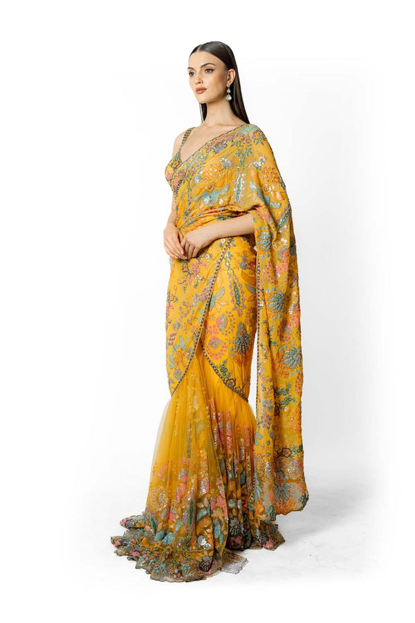 YELLOW MULTI SEQUIN WORK RIKKY LEHENGA SARI SET