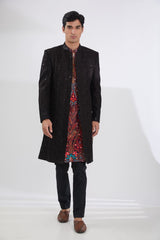 BLACK LEAF JAAL SHERWANI WITH MULTI RESHAM JAAL KURTA AND PANTS