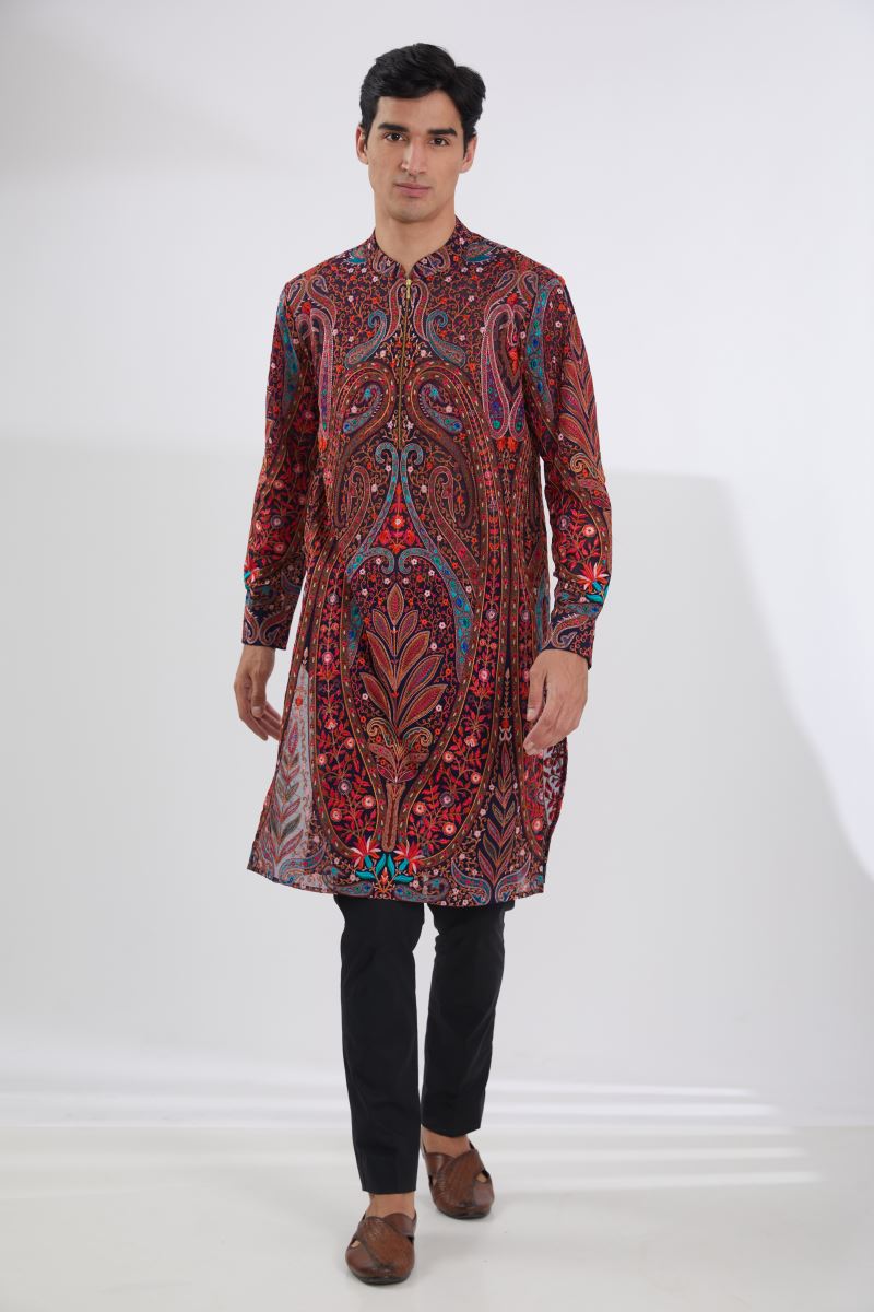 BLACK LEAF JAAL SHERWANI WITH MULTI RESHAM JAAL KURTA AND PANTS