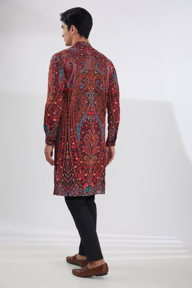 BLACK LEAF JAAL SHERWANI WITH MULTI RESHAM JAAL KURTA AND PANTS