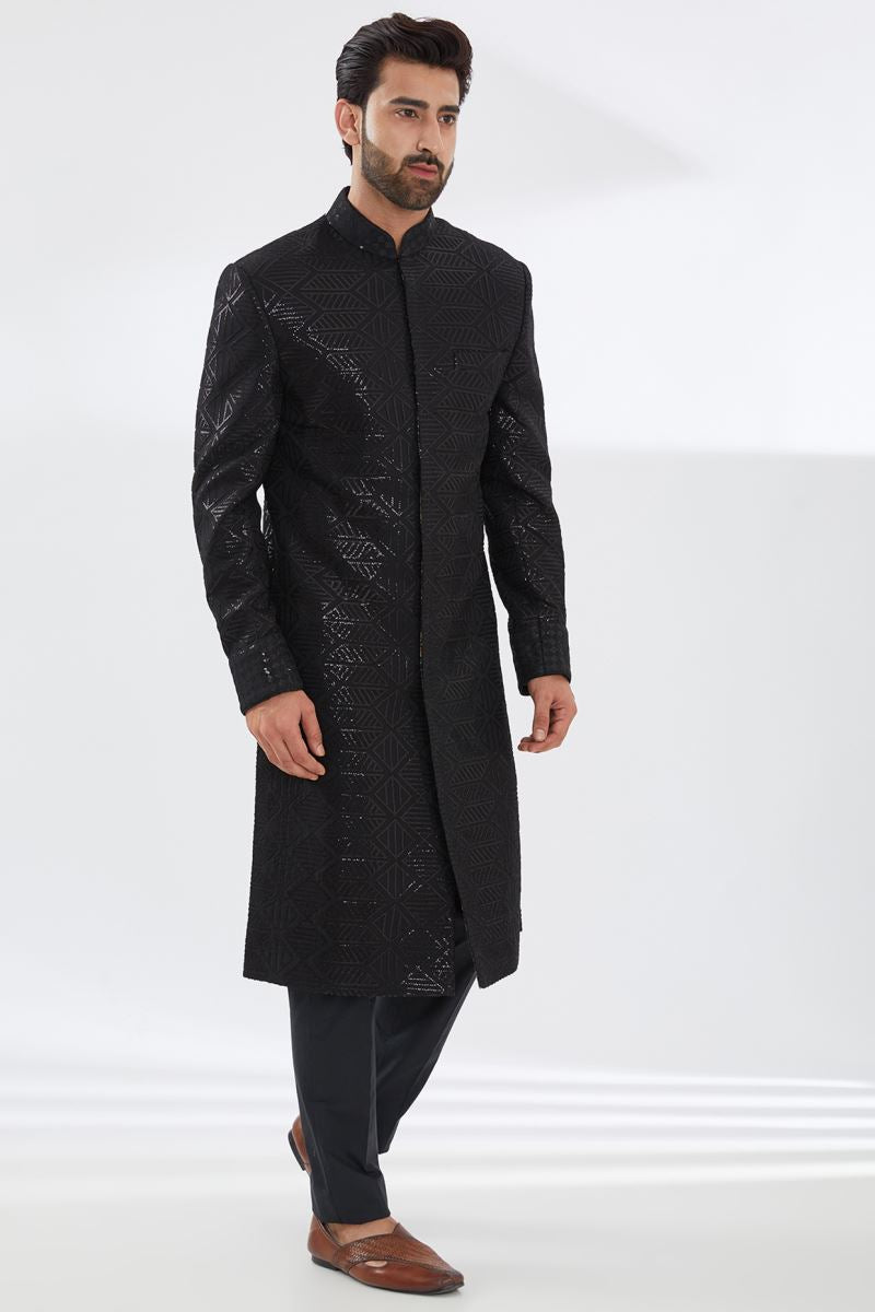 BLACK SEQUIN JAAL SHEREWANI WITH BLACK PRINT