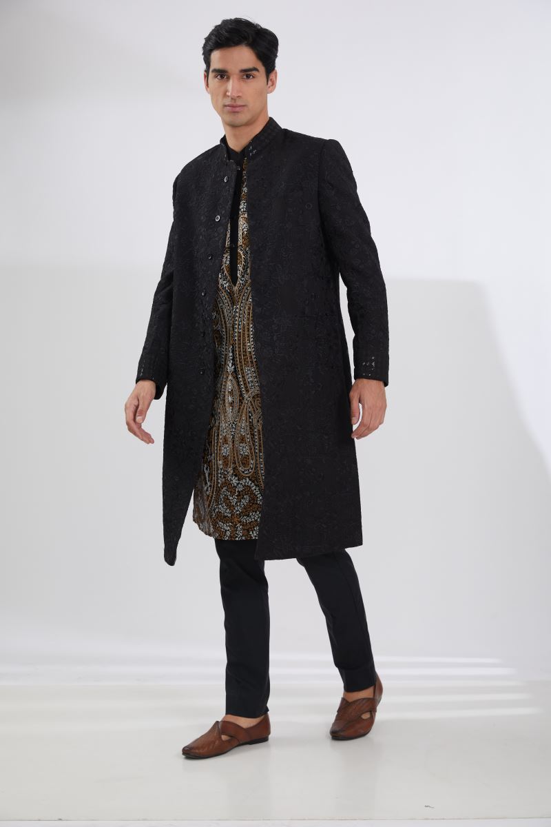 BLACK FULL RESHAM JAAL SHERWANI WITH MULTI RESHAM JAAL KURTA AND PANTS