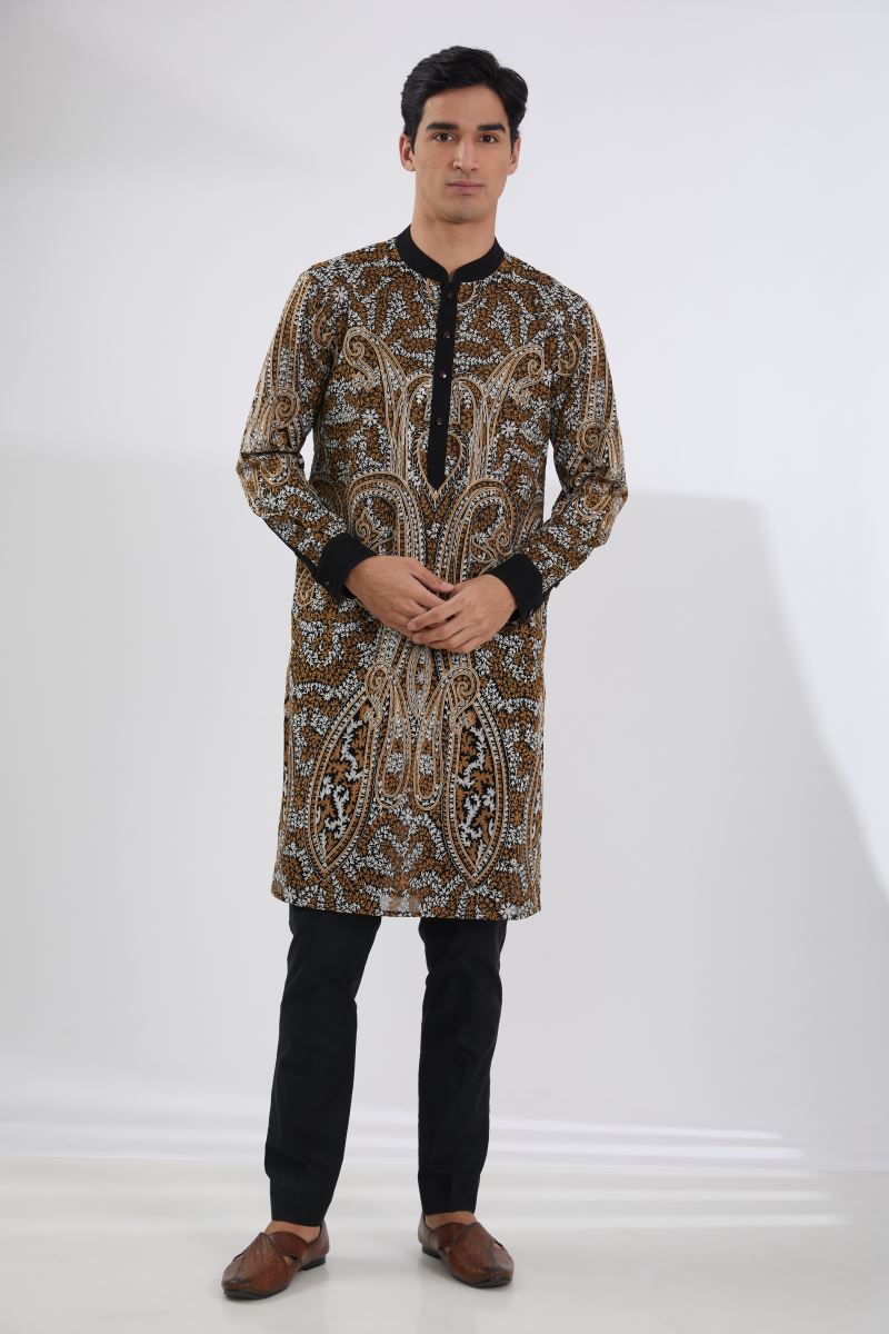 BLACK FULL RESHAM JAAL SHERWANI WITH MULTI RESHAM JAAL KURTA AND PANTS