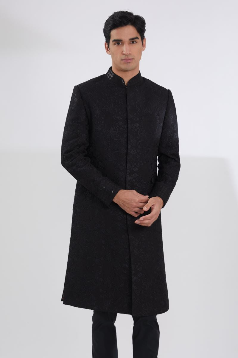 BLACK FULL RESHAM JAAL SHERWANI WITH MULTI RESHAM JAAL KURTA AND PANTS