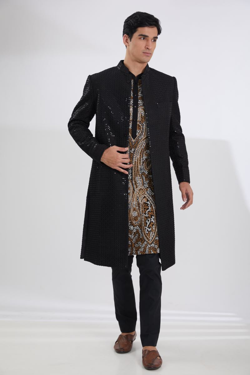 BLACK FULL JAAL SHERWANI  WITH MULTI RESHAM JAAL KURTA AND PANTS