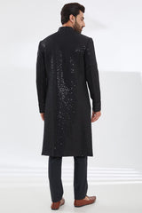 BLACK FULL JAAL SHERWANI SET