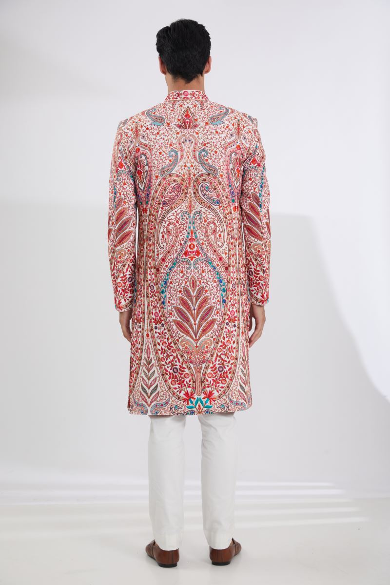 IVORY MULTI SHERWANI  WITH RESHAM JAAL KURTA AND PANTS