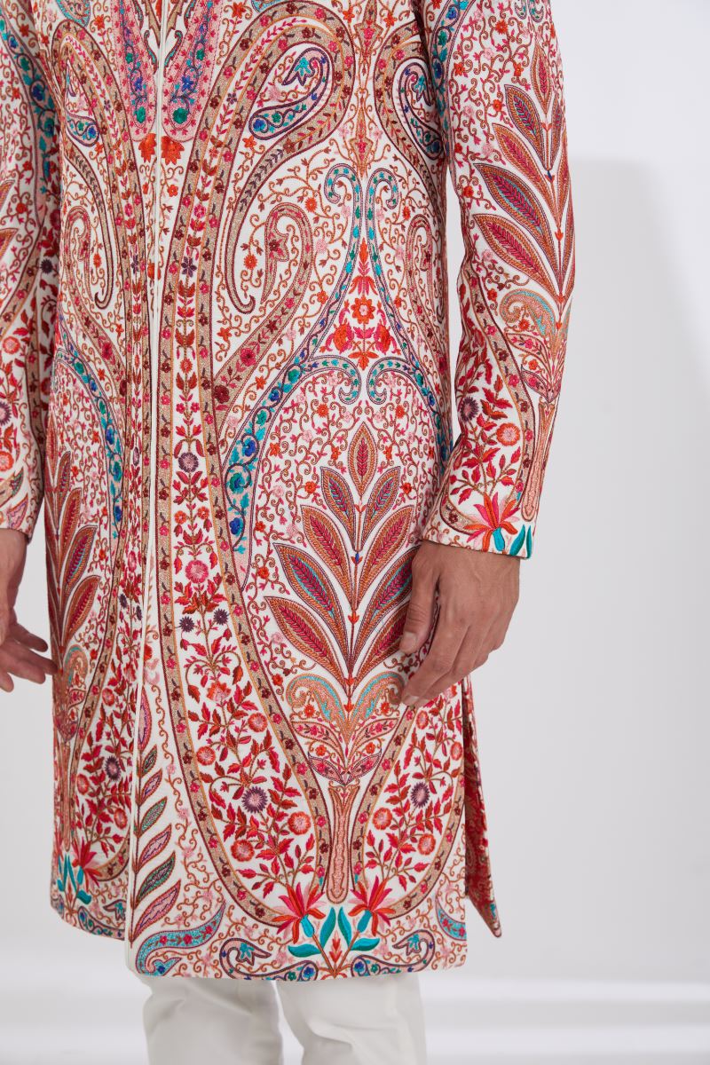 IVORY MULTI SHERWANI  WITH RESHAM JAAL KURTA AND PANTS