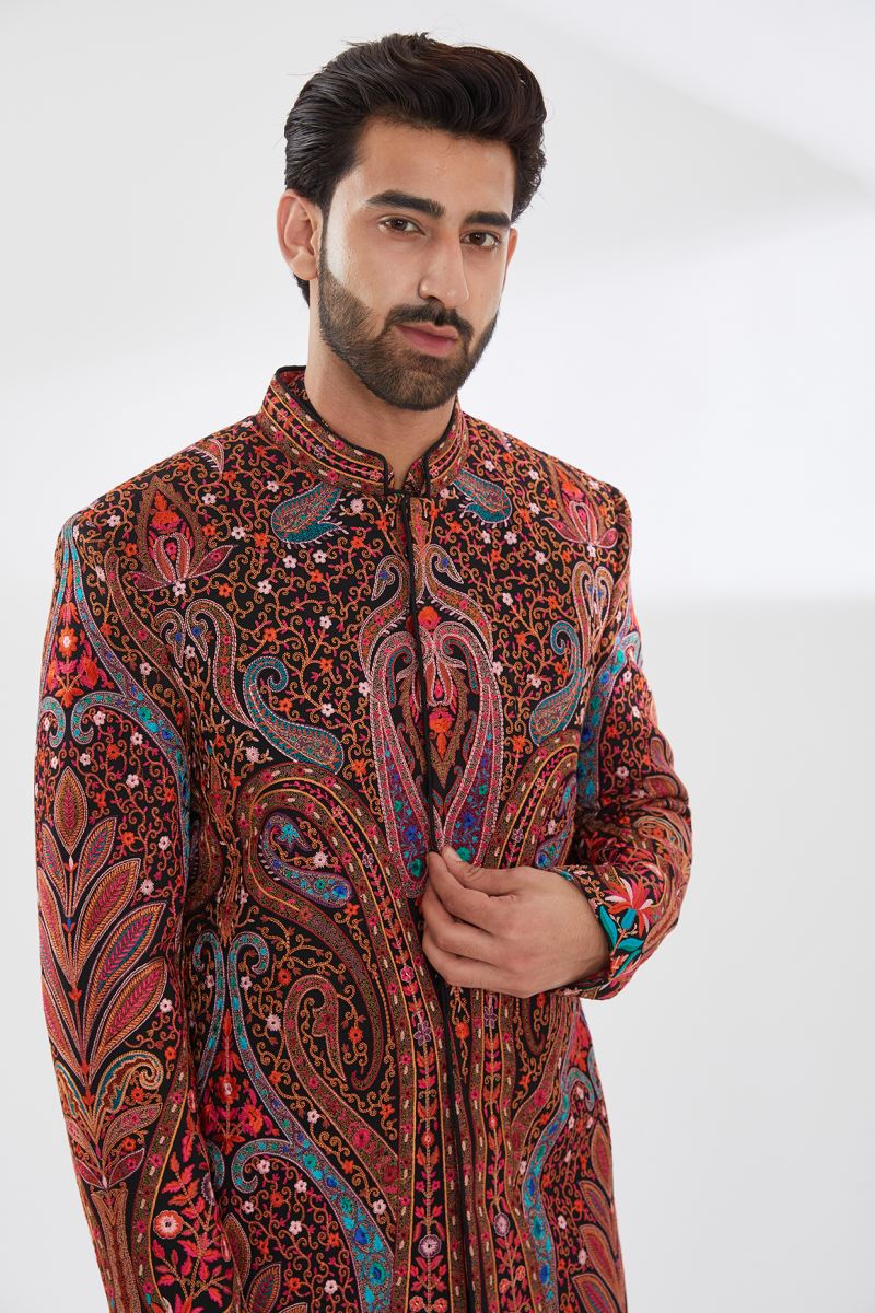 BLACK  WITH MULTI COLOR RESHAM SHERWANI SET