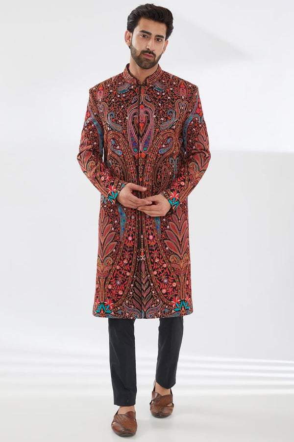 BLACK  WITH MULTI COLOR RESHAM SHERWANI SET