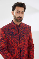 BLUE WITH RED KASHMIRI EMBROIDERY SHERWANI SET