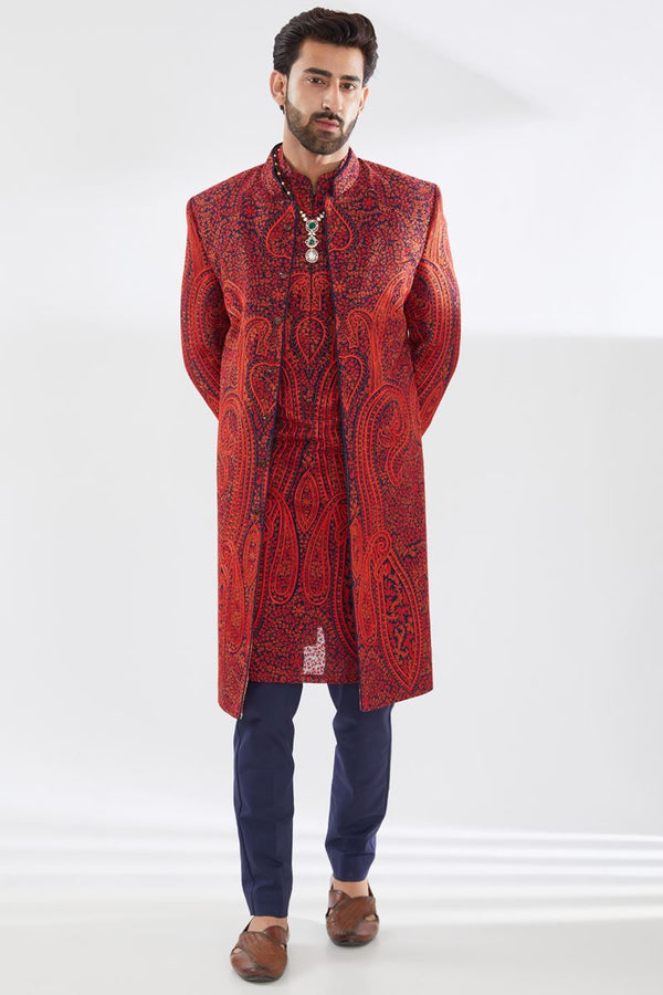 BLUE WITH RED KASHMIRI EMBROIDERY SHERWANI SET