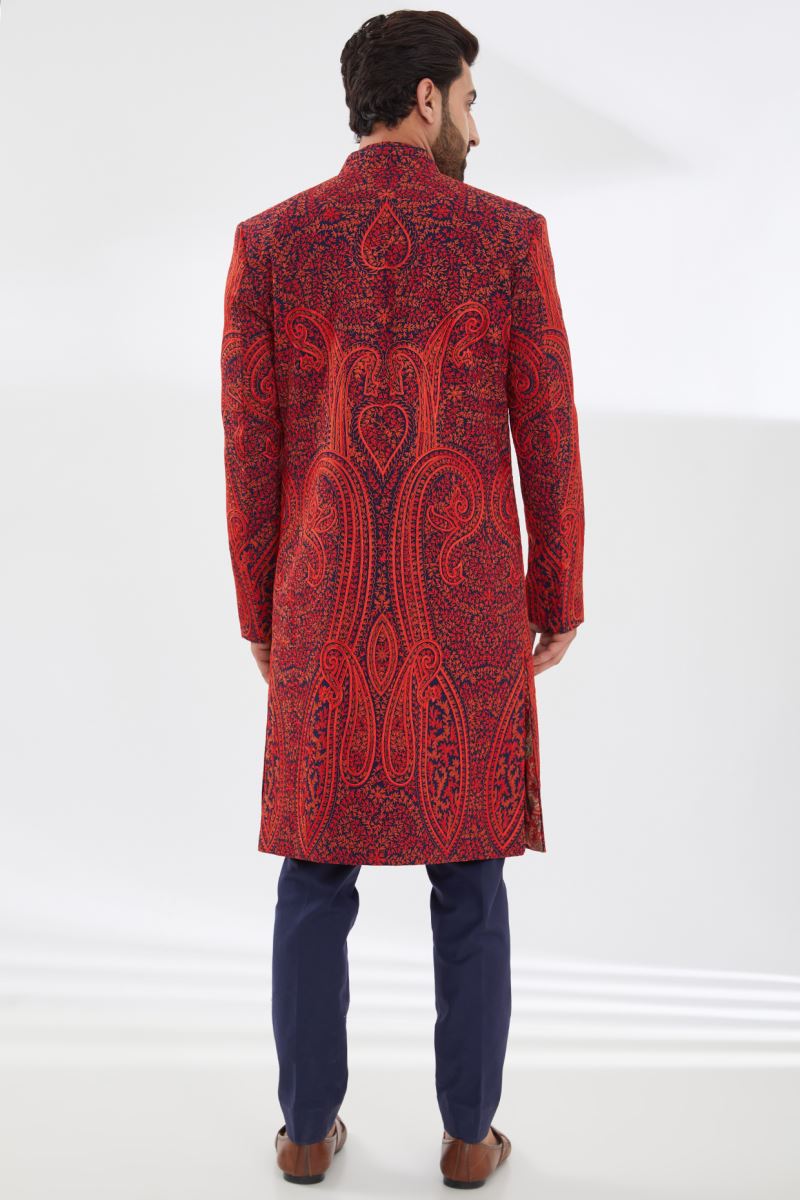 BLUE WITH RED KASHMIRI EMBROIDERY SHERWANI SET