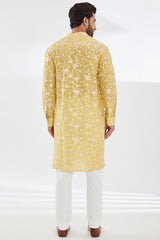 YELLOW PARSI GARA EMBROIDERED UNLINED SILK KURTA WITH BEIGE PANTS