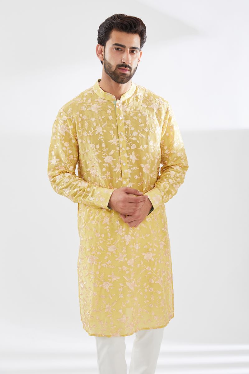 YELLOW PARSI GARA EMBROIDERED UNLINED SILK KURTA WITH BEIGE PANTS