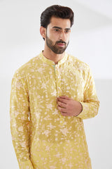 YELLOW PARSI GARA EMBROIDERED UNLINED SILK KURTA WITH BEIGE PANTS