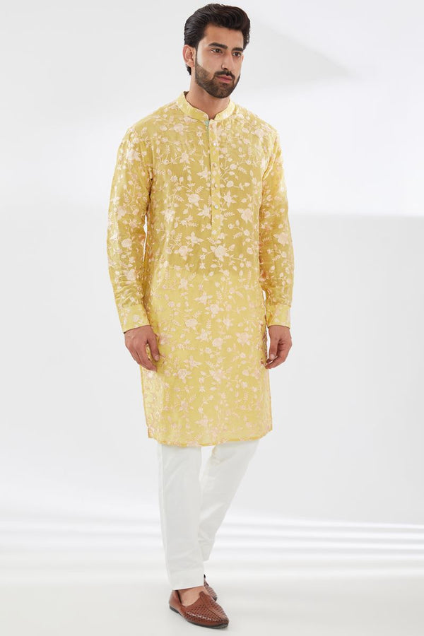 YELLOW PARSI GARA EMBROIDERED UNLINED SILK KURTA WITH BEIGE PANTS