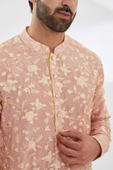 PINK PARSI GARA EMBRODIERED UNLINED SILK KURTA WITH BEIGE PANTS