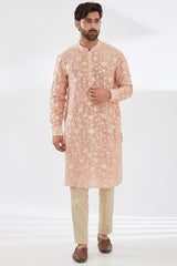 PINK PARSI GARA EMBRODIERED UNLINED SILK KURTA WITH BEIGE PANTS