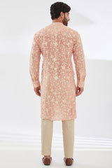 PINK PARSI GARA EMBRODIERED UNLINED SILK KURTA WITH BEIGE PANTS