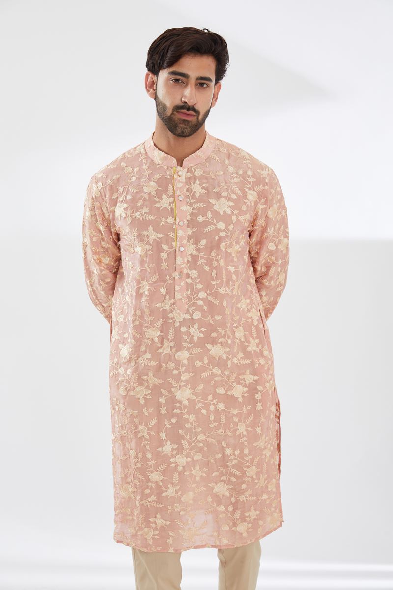 PINK PARSI GARA EMBRODIERED UNLINED SILK KURTA WITH BEIGE PANTS