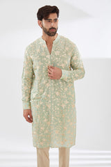 SAGE GREEN PARSI GARA EMBROIDERED UNLINED SILK V NECK KURTA WITH BEIGE PANTS