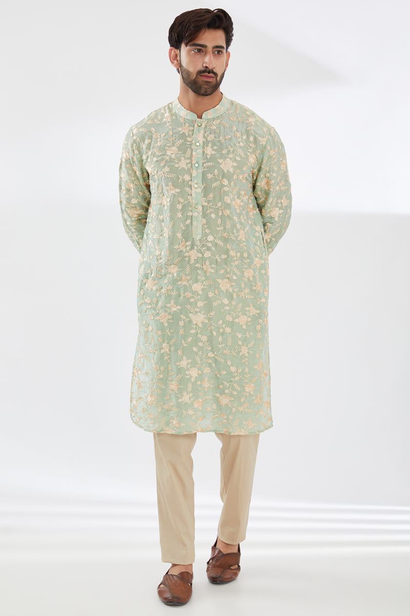 SAGE GREEN PARSI GARA EMBROIDERED UNLINED SILK KURTA WITH BEIGE PANTS