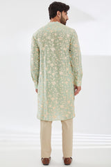 SAGE GREEN PARSI GARA EMBROIDERED UNLINED SILK KURTA WITH BEIGE PANTS