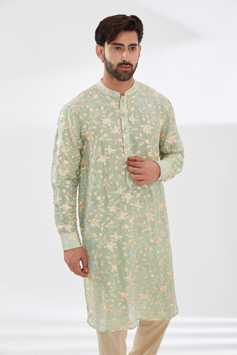 SAGE GREEN PARSI GARA EMBROIDERED UNLINED SILK KURTA WITH BEIGE PANTS