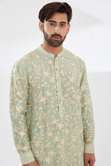 SAGE GREEN PARSI GARA EMBROIDERED UNLINED SILK KURTA WITH BEIGE PANTS