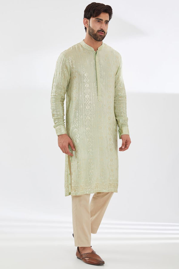 SAGE GREEN WITH GOLD SEQUINS EMBROIDERED UNLINED GORGETTE KURTA WITH BEIGE PANTS
