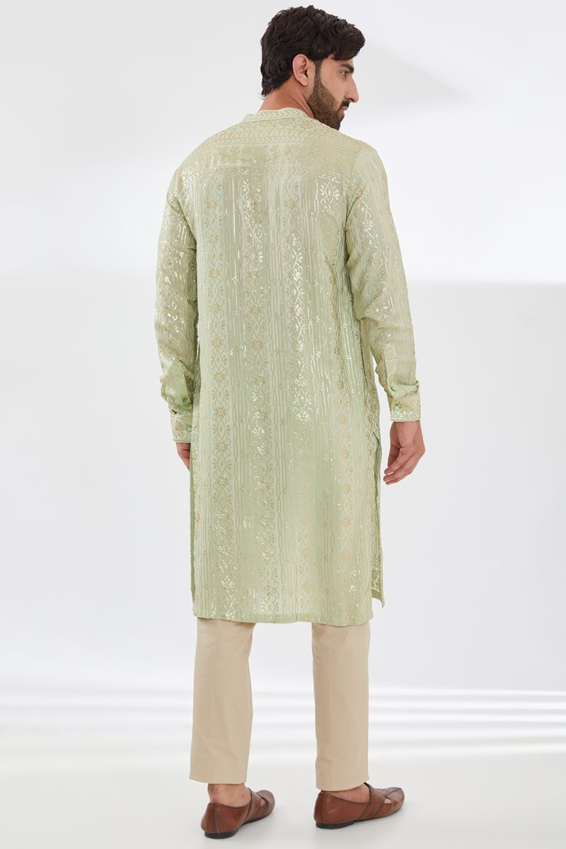 SAGE GREEN WITH GOLD SEQUINS EMBROIDERED UNLINED GORGETTE KURTA WITH BEIGE PANTS