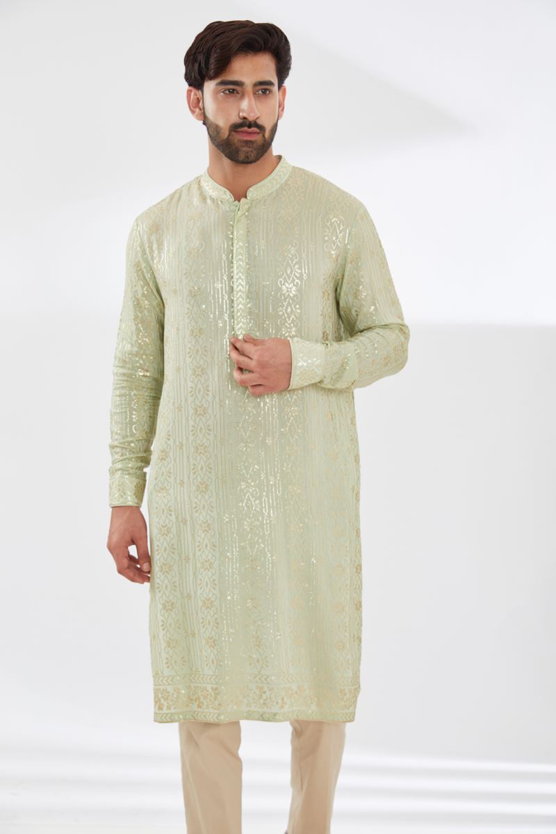 SAGE GREEN WITH GOLD SEQUINS EMBROIDERED UNLINED GORGETTE KURTA WITH BEIGE PANTS