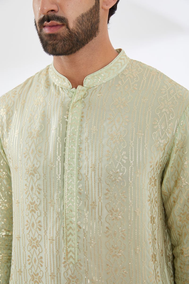 SAGE GREEN WITH GOLD SEQUINS EMBROIDERED UNLINED GORGETTE KURTA WITH BEIGE PANTS