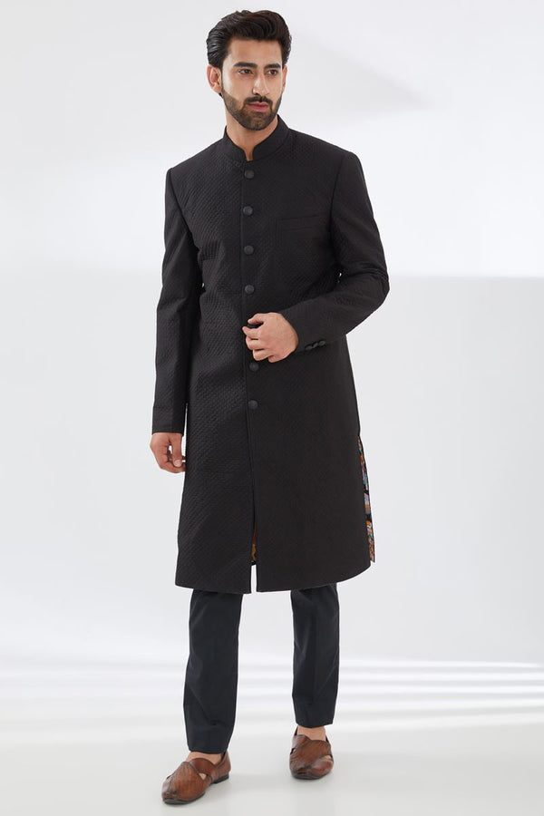 BLACK QUILTED SHERWANI SET