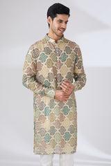 GREEN BANDHANI WITH GOLDEN SEQUINS UNLINED KURTA AND COTTON SILK PANTS