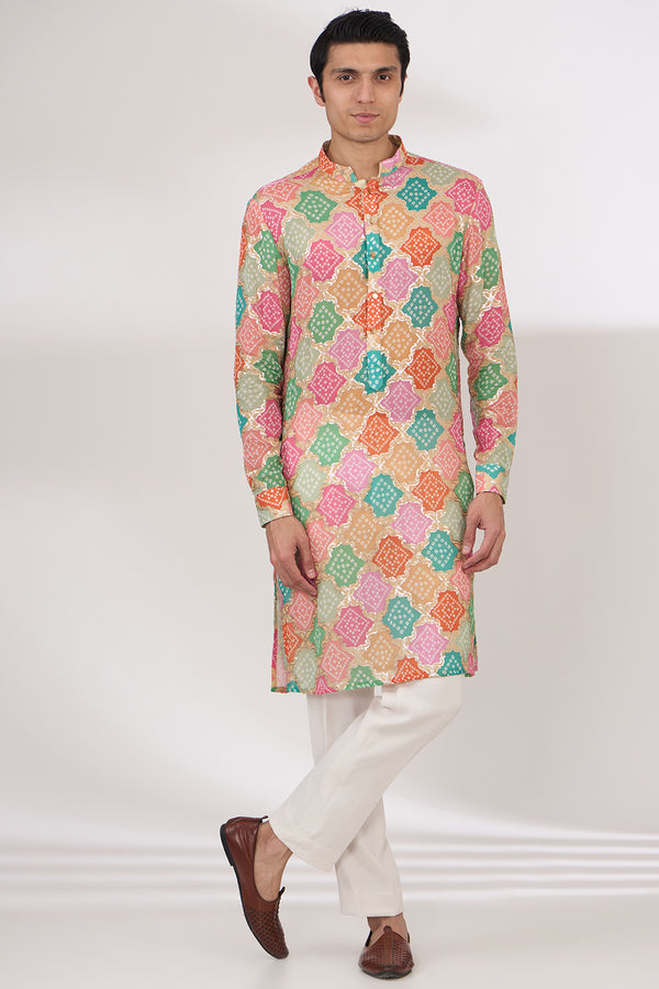 MULTI COLOR BANDHANI WITH GOLD SEQUINS UNLINED KURTA AND COTTON SILK PANTS